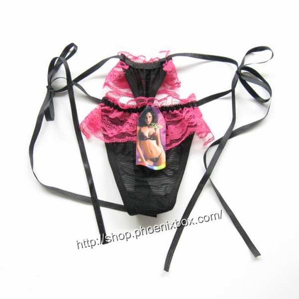 エロ下着の通販商品：ピンクレース×黒の紐パンティE1041・イメージ写真９